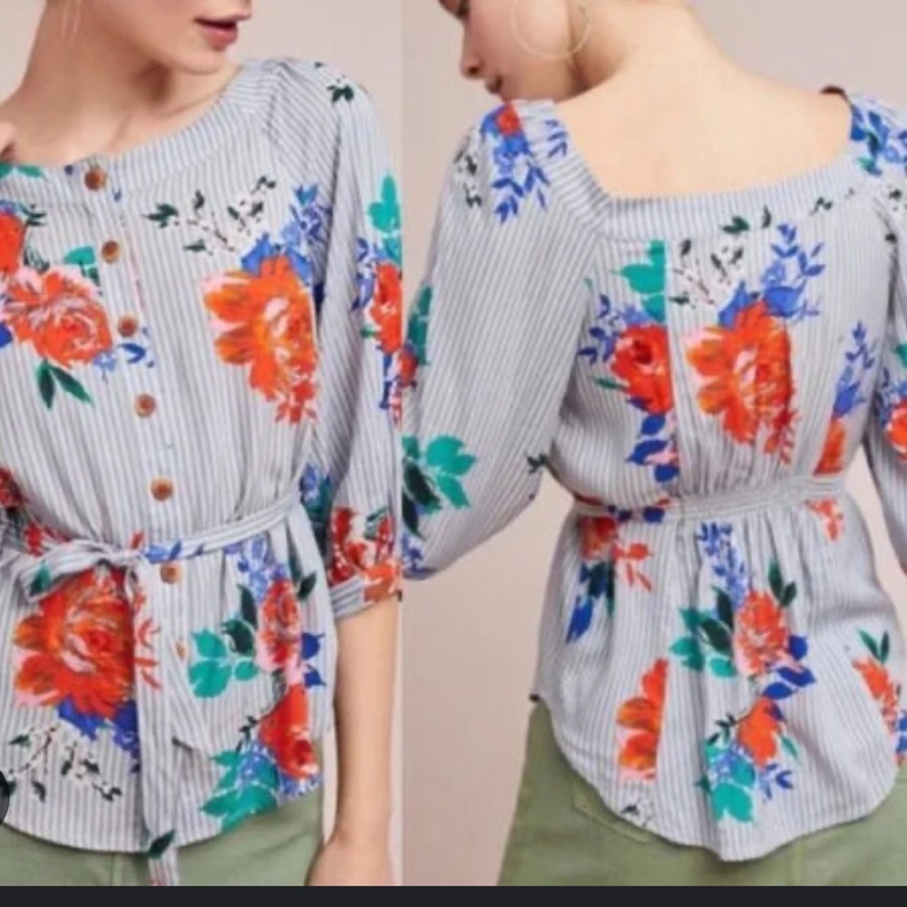 Lilorne Floral Blouse Blue Striped Button Tie Front